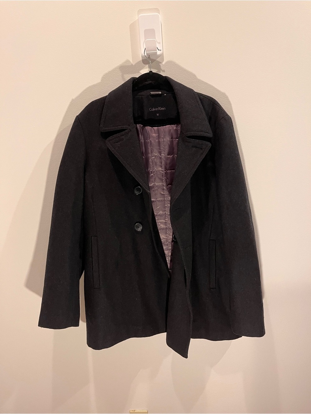 Calvin Klein Black Wool Coat with Lavender Quilted Lining